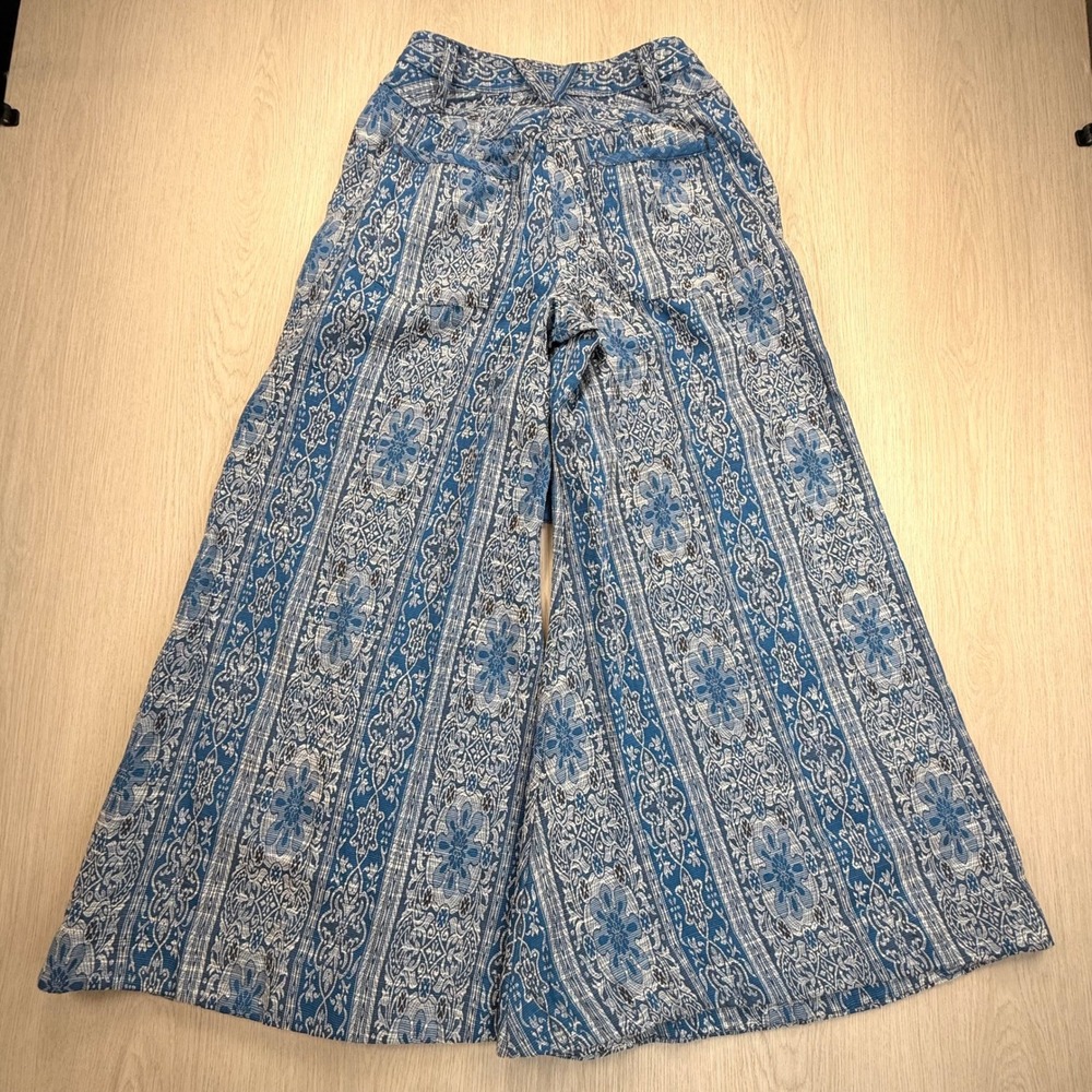 Free People Blue Medallion Stripe Wide Leg Boho Pants Linen Blend Size 0 - Picture 10 of 11